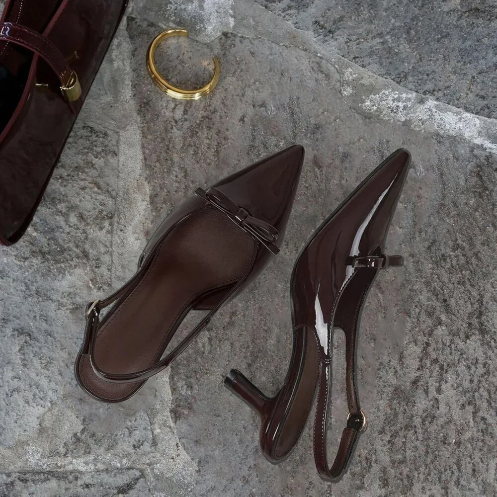 Women's Chocolate Slingback Kitten Heels Bow Ankle Strap Pointed Toe Heel Sexy
